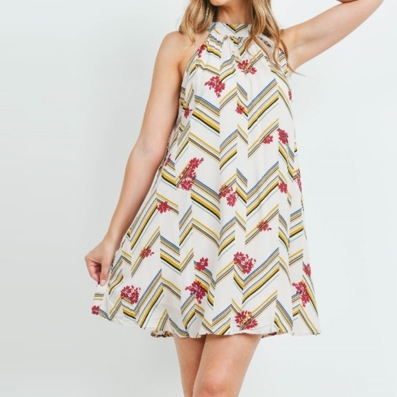 Mixed Print Mini Dress Beige - Picture 6 of 9